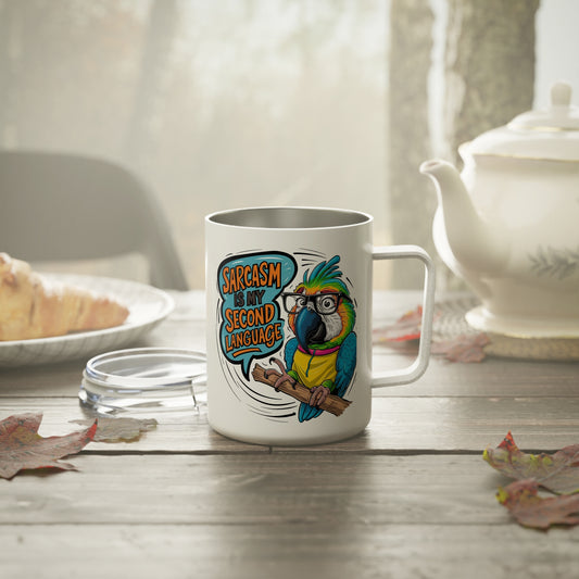 Sarcasm Insulated Coffee Mug, Colorful Parrot Design, Funny Gift for Coffee Lovers, Sarcastic Humor for Home or Office