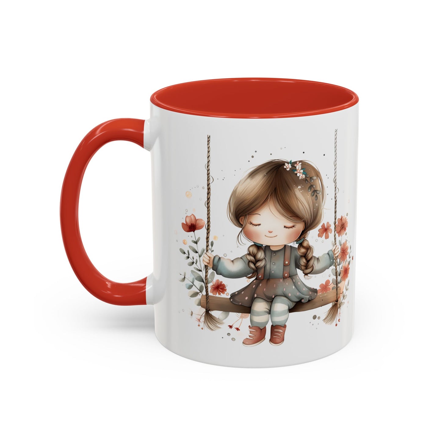 Whimsical Swinging Girl Coffee Mug - Cute Gift for Coffee Lovers, Home Decor, Spring Vibes, Floral Design, Girly Kitchen Accessory