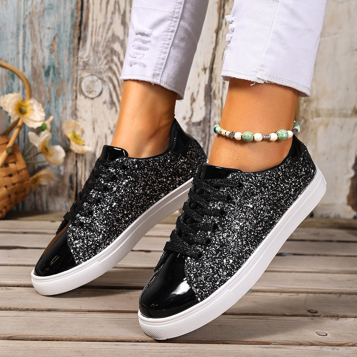 Plus Size Sequined Front Lace-up Solid Color Plus Size Board Shoes Store Hive UNIjuntos