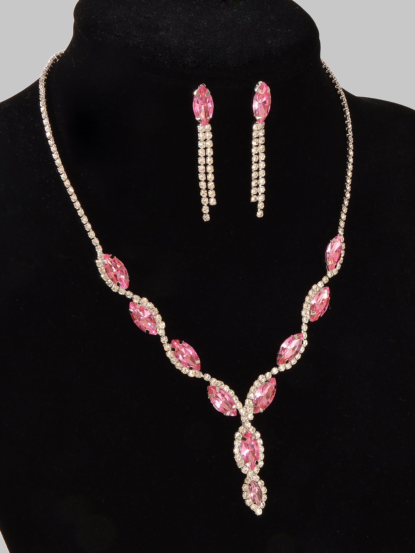 Luxurious Wedding Jewellery Set Pink Crystal Water Drop Necklace Dangle Earrings-2