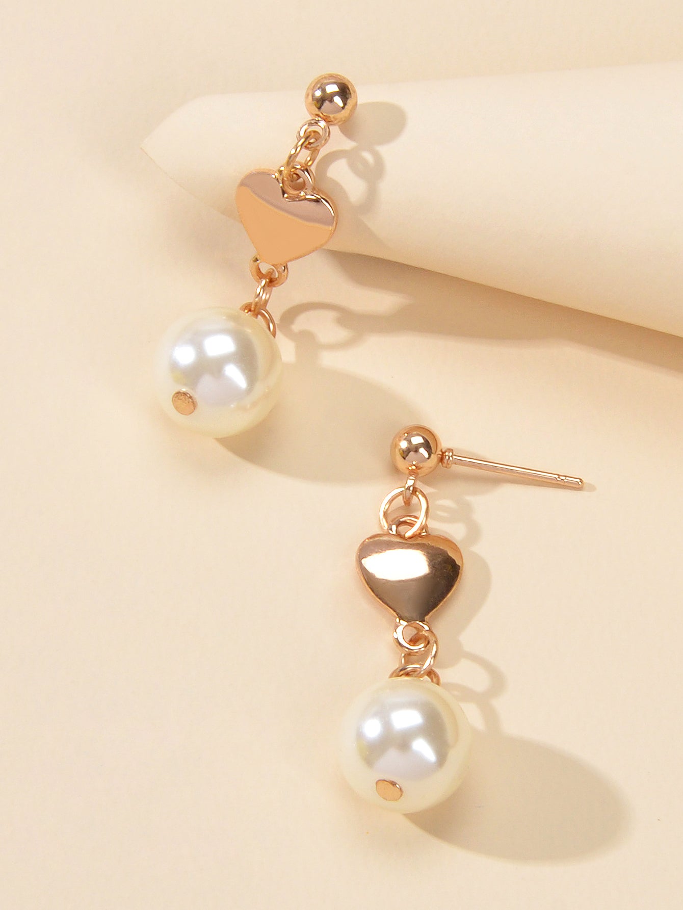 Anniversary Wedding Jewellery Simulated Pearl Decor Gold Heart Love Gift Earring-2