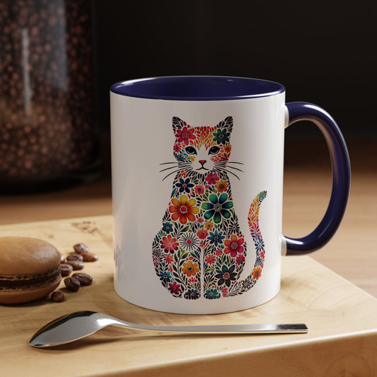 Floral Cat Coffee Mug, Colorful Cat Lover Mug, Gift for Cat Owners, Cat-Themed Kitchenware, Unique Animal Mug, Cozy Beverage Cup