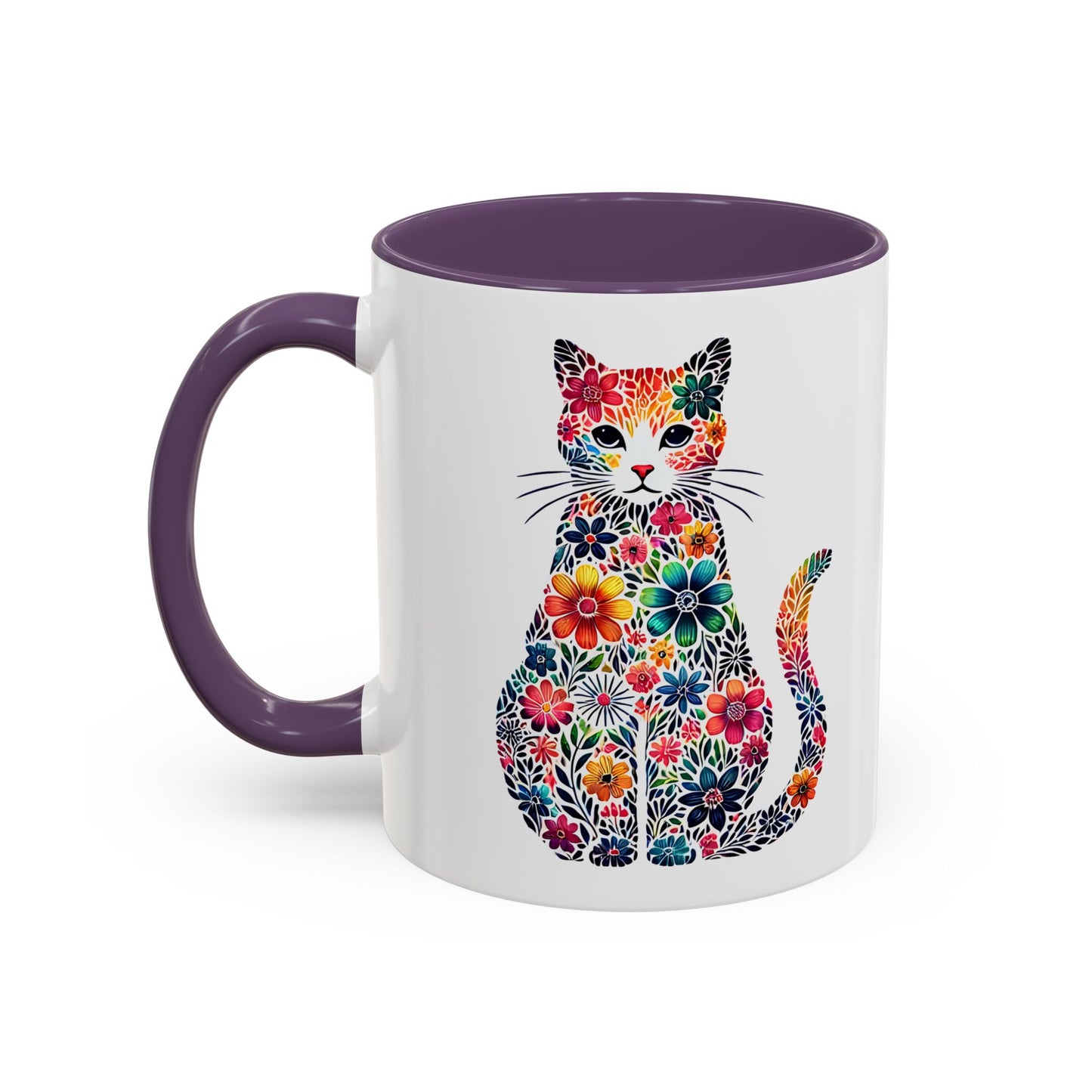 Floral Cat Coffee Mug, Colorful Cat Lover Mug, Gift for Cat Owners, Cat-Themed Kitchenware, Unique Animal Mug, Cozy Beverage Cup
