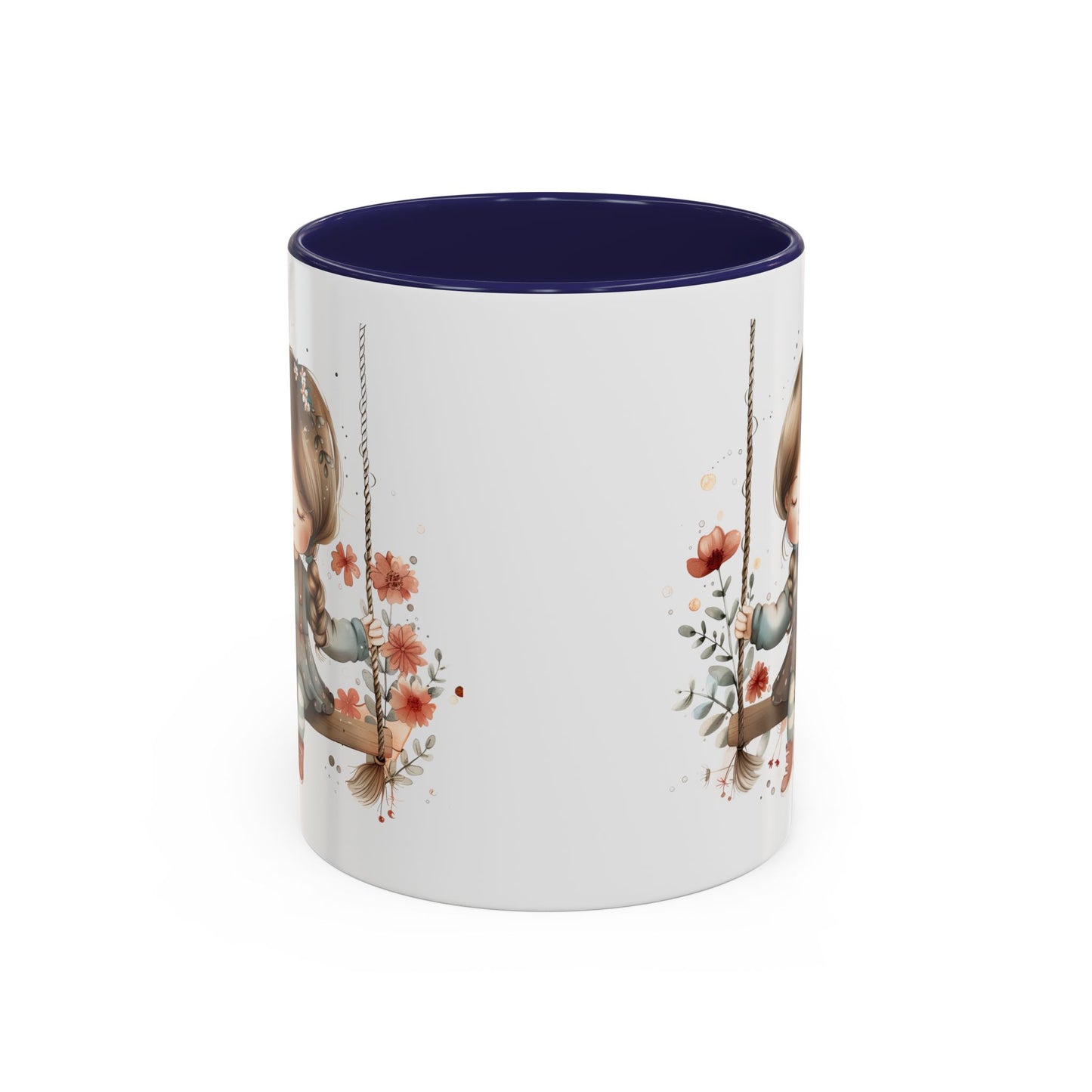 Whimsical Swinging Girl Coffee Mug - Cute Gift for Coffee Lovers, Home Decor, Spring Vibes, Floral Design, Girly Kitchen Accessory