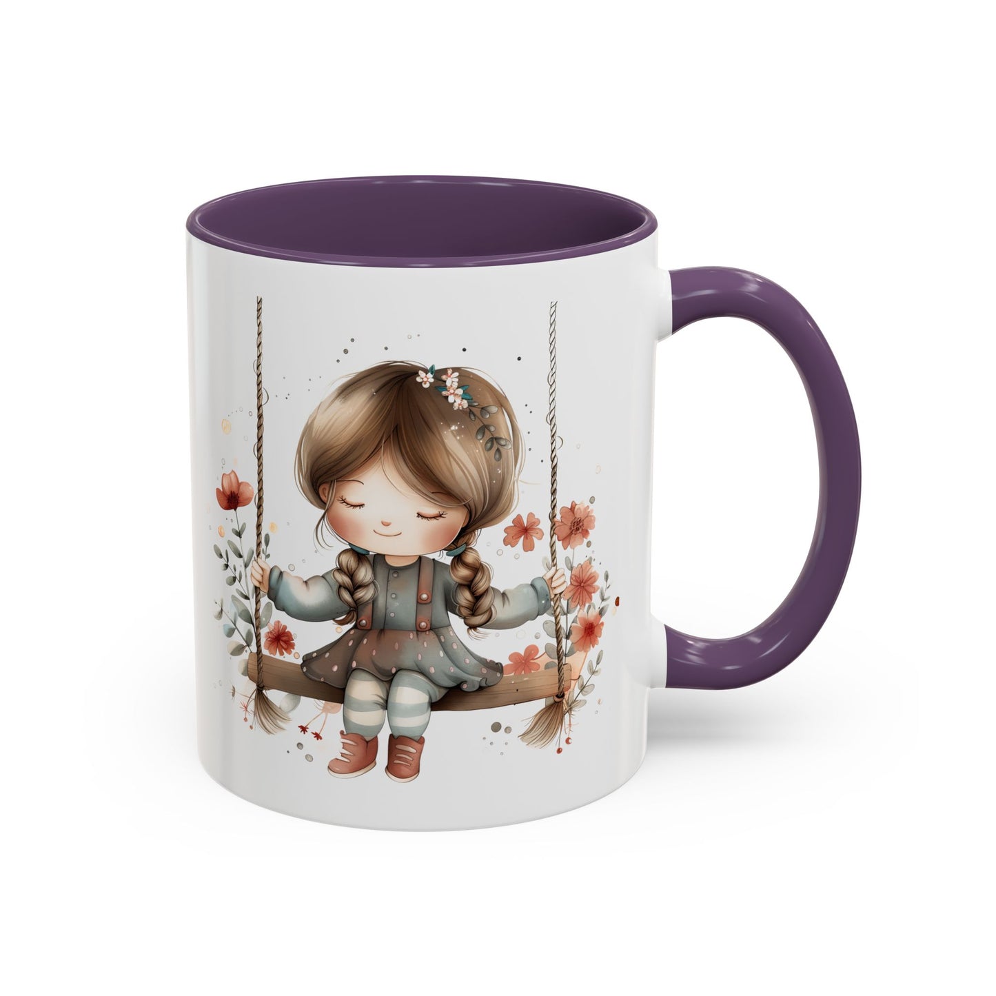 Whimsical Swinging Girl Coffee Mug - Cute Gift for Coffee Lovers, Home Decor, Spring Vibes, Floral Design, Girly Kitchen Accessory