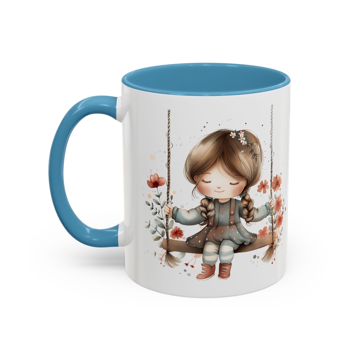 Whimsical Swinging Girl Coffee Mug - Cute Gift for Coffee Lovers, Home Decor, Spring Vibes, Floral Design, Girly Kitchen Accessory