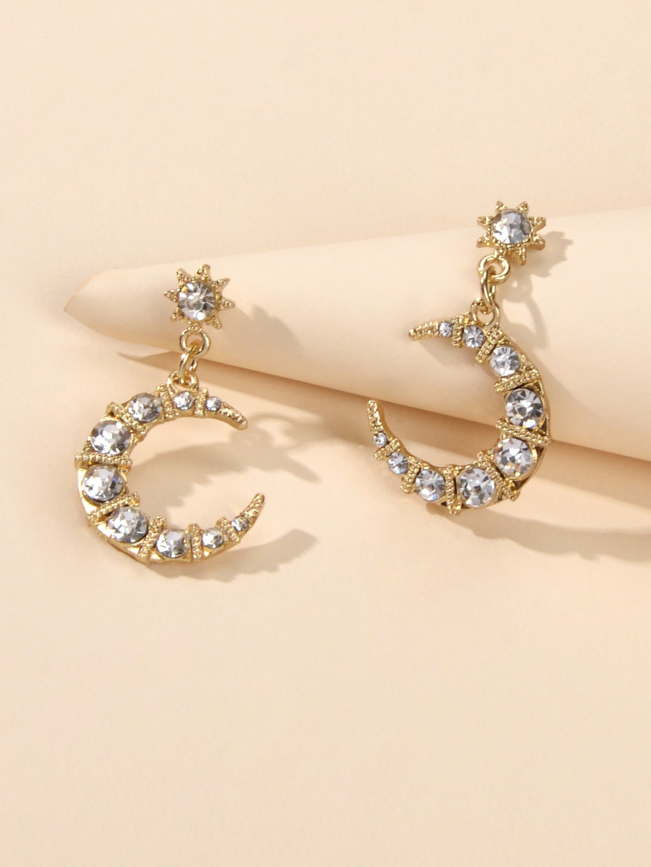 Textured Luxury Full Rhinestone Star Moon Dangle Earrings Wedding Gift Jewellery-3