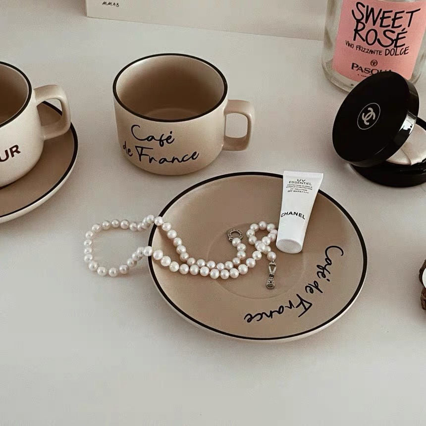 French Beige Vintage Mug Cups And Saucers
