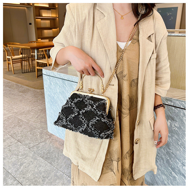 Washed Denim Style Stitching Rhombus Clip Bag Fashion Chain Shoulder Messenger Bag