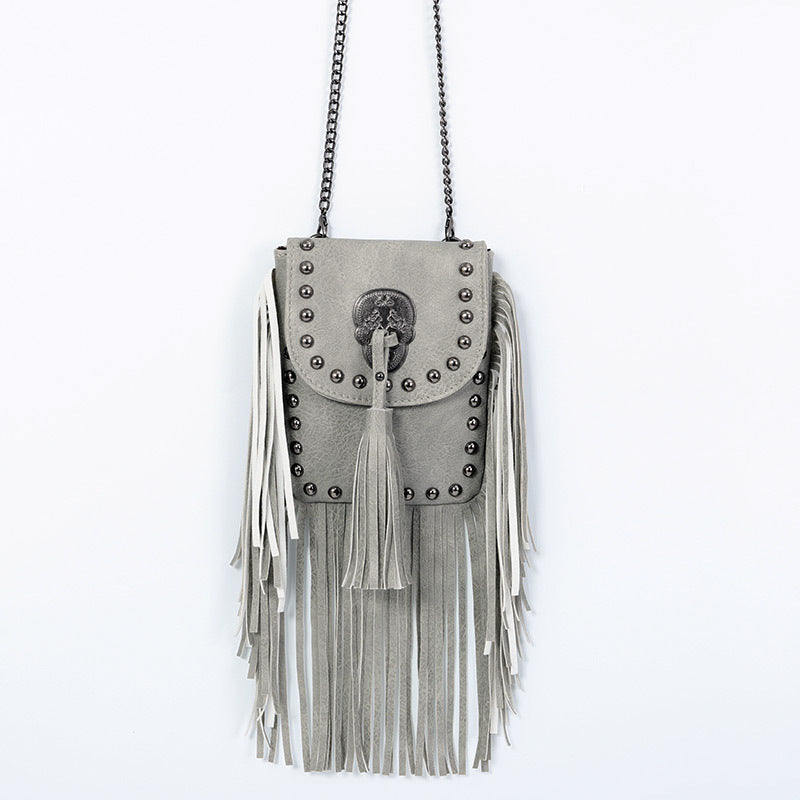Sleek Soft Leather Studded Fringe Bag
