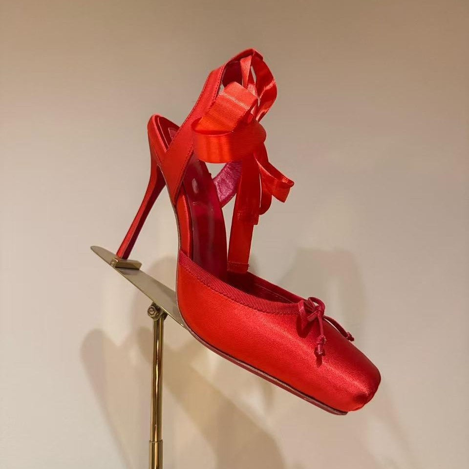 Leather Sole Women's Shoes Fashion Satin Ribbon Toe Cap