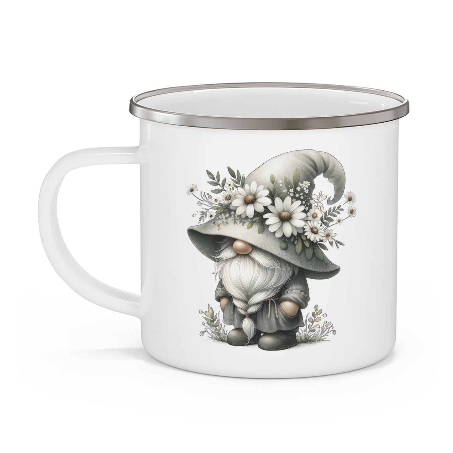 Rustic Nature Enamel Camping Mug with Gnome Design, Outdoor Adventure Gift, Coffee Mug, Travel Mug, Glamping Accessory