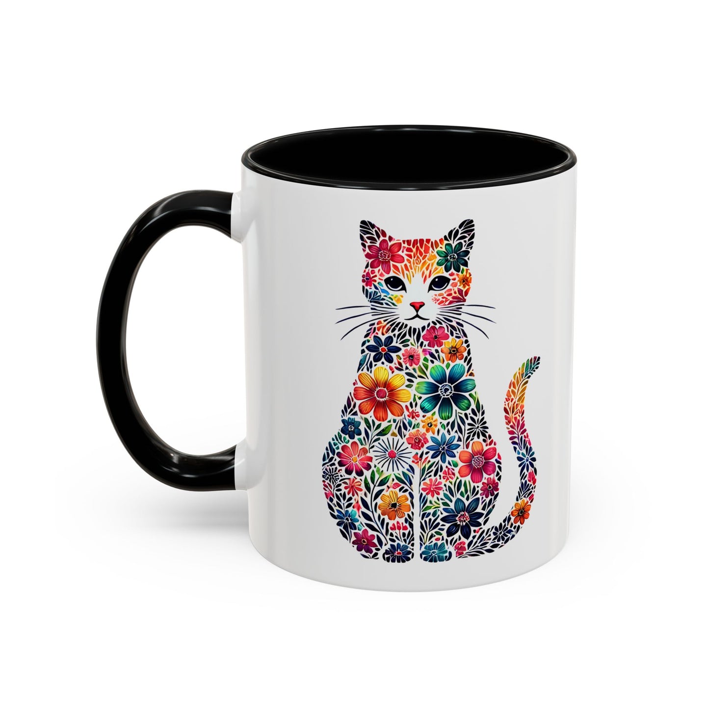 Floral Cat Coffee Mug, Colorful Cat Lover Mug, Gift for Cat Owners, Cat-Themed Kitchenware, Unique Animal Mug, Cozy Beverage Cup