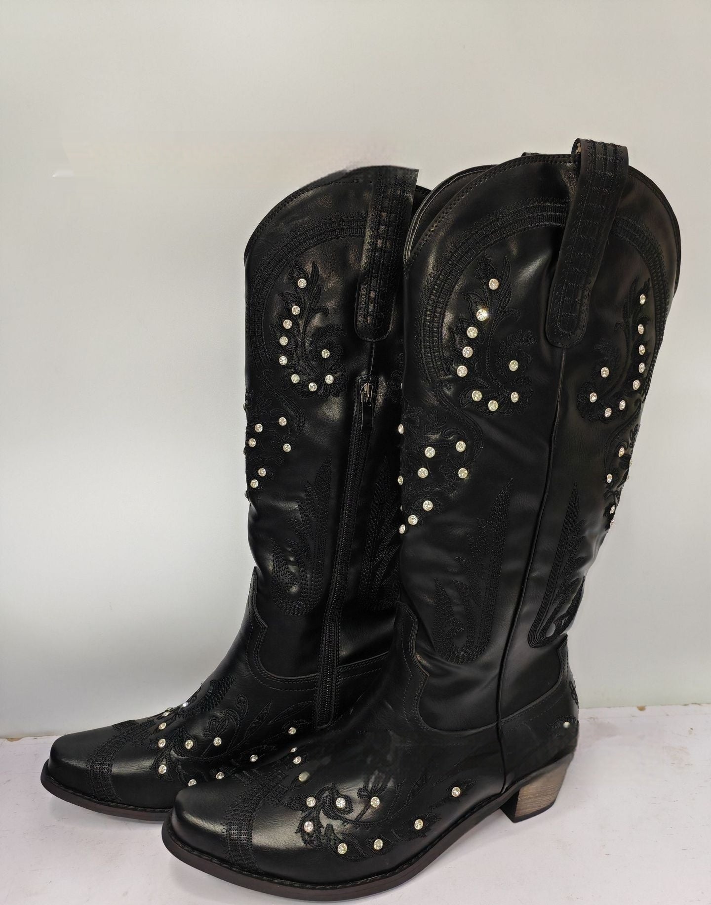 Embroidered Rhinestone Thick High Heel Side Zipper High-top Boots Store Hive UNIjuntos