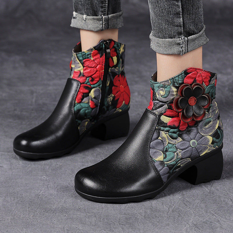 Simple Ethnic Thick Heel Flowers Comfortable Retro Boots