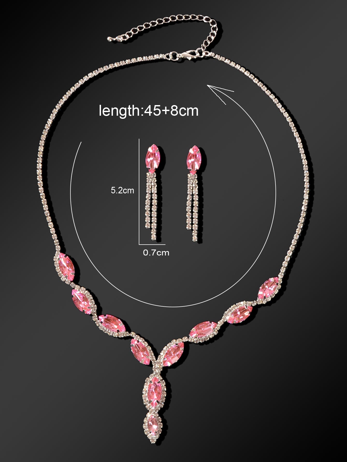 Luxurious Wedding Jewellery Set Pink Crystal Water Drop Necklace Dangle Earrings-4