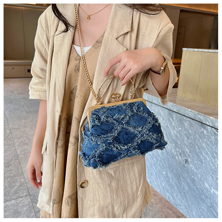 Washed Denim Style Stitching Rhombus Clip Bag Fashion Chain Shoulder Messenger Bag