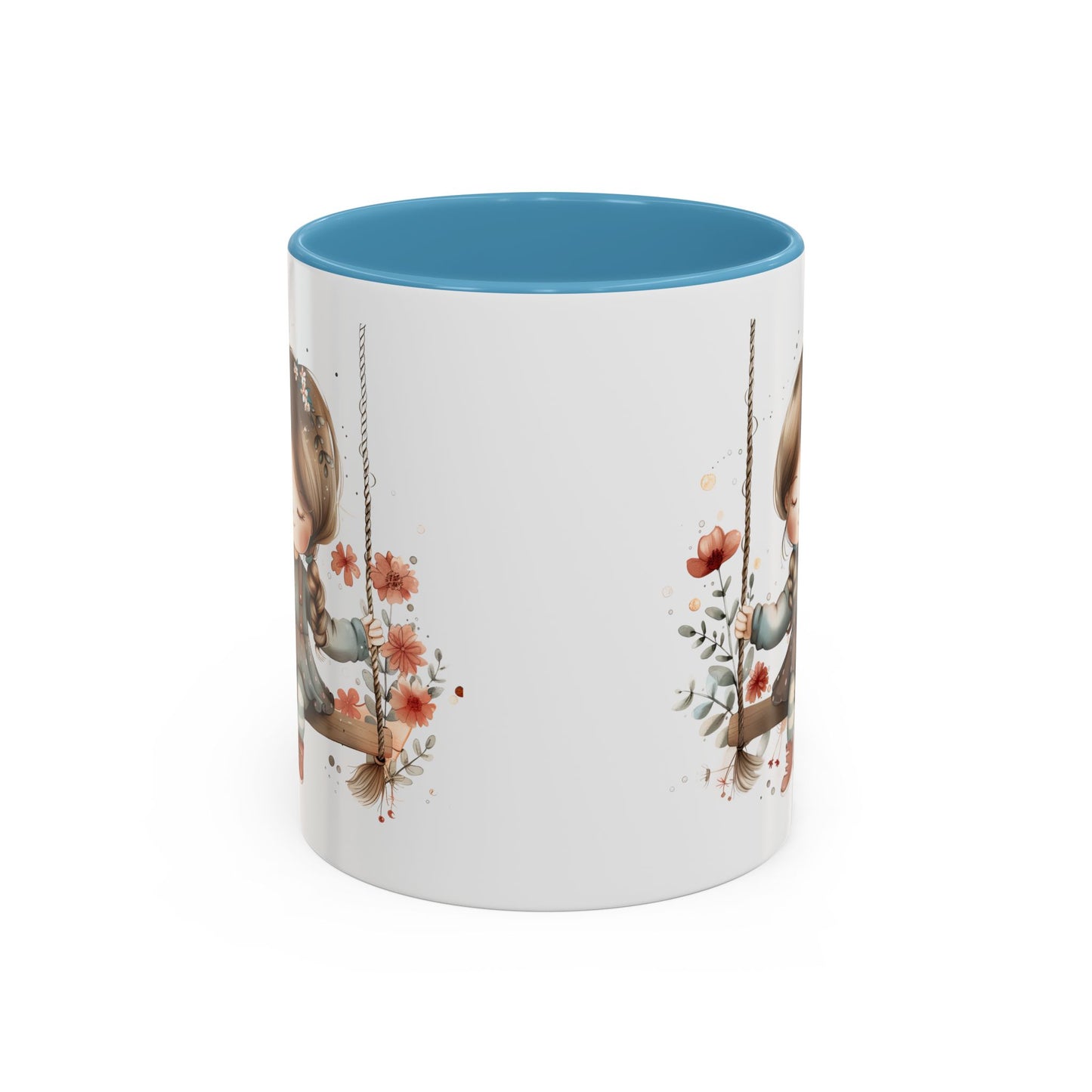 Whimsical Swinging Girl Coffee Mug - Cute Gift for Coffee Lovers, Home Decor, Spring Vibes, Floral Design, Girly Kitchen Accessory