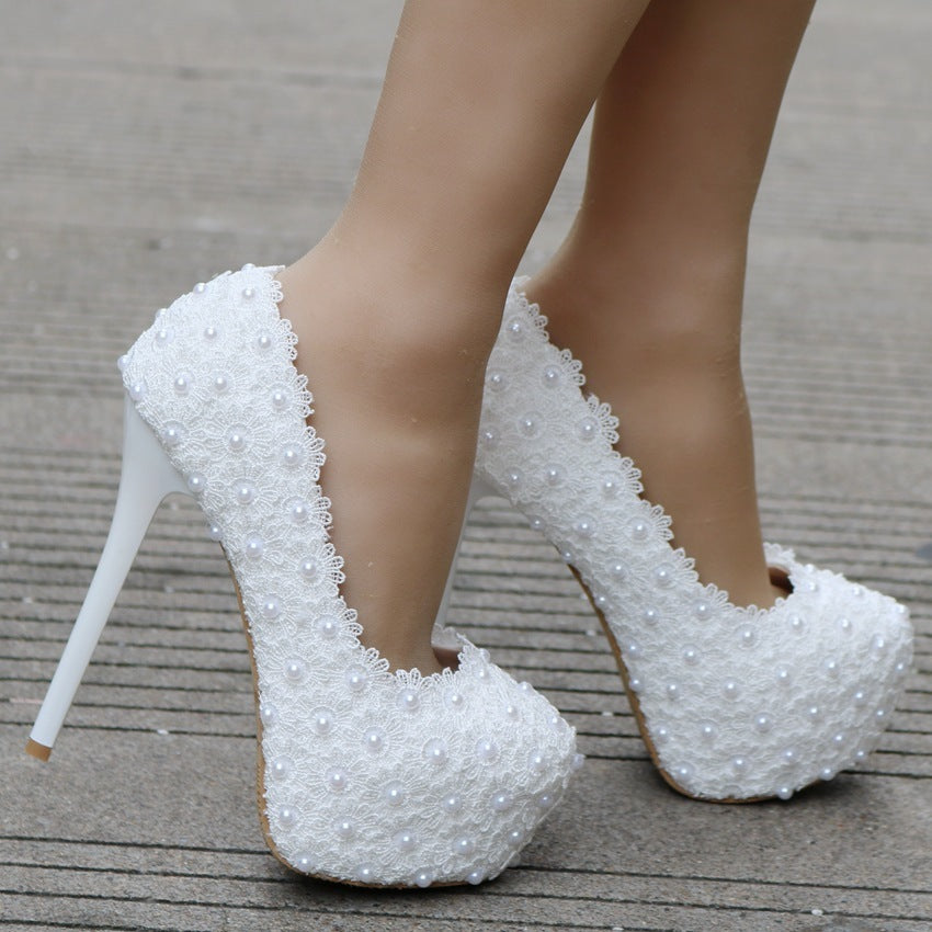Large Size Waterproof Platform High Heel Round Toe Pearl Shoes