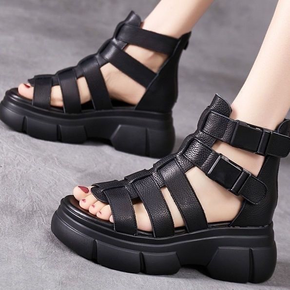 Female Leather Hollow-out Platform Retro Stylish Women's Sandals Store Hive UNIjuntos
