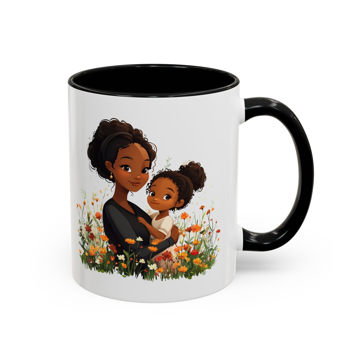 Floral Family Accent Coffee Mug, Black Handle Mug, Mama and Child Gift, Mother's Day, Cozy Home Decor, Cute Coffee Cup