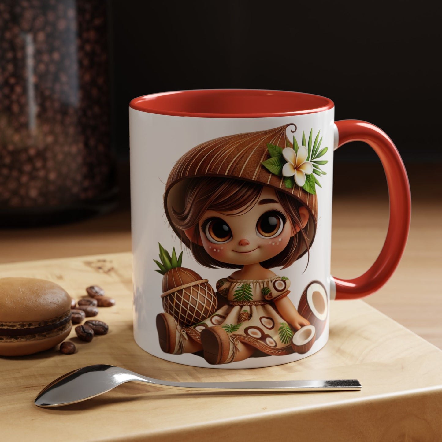 Tropical Kid's Accent Coffee Mug - Cute Animated Design with Pineapple & Coconut