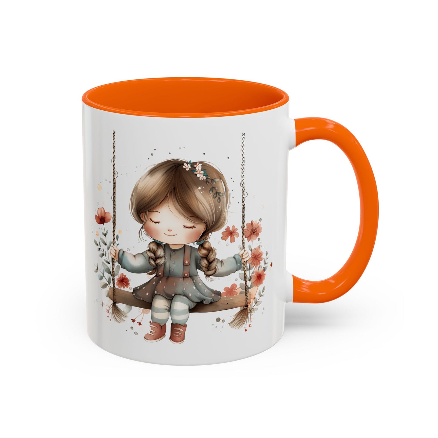 Whimsical Swinging Girl Coffee Mug - Cute Gift for Coffee Lovers, Home Decor, Spring Vibes, Floral Design, Girly Kitchen Accessory