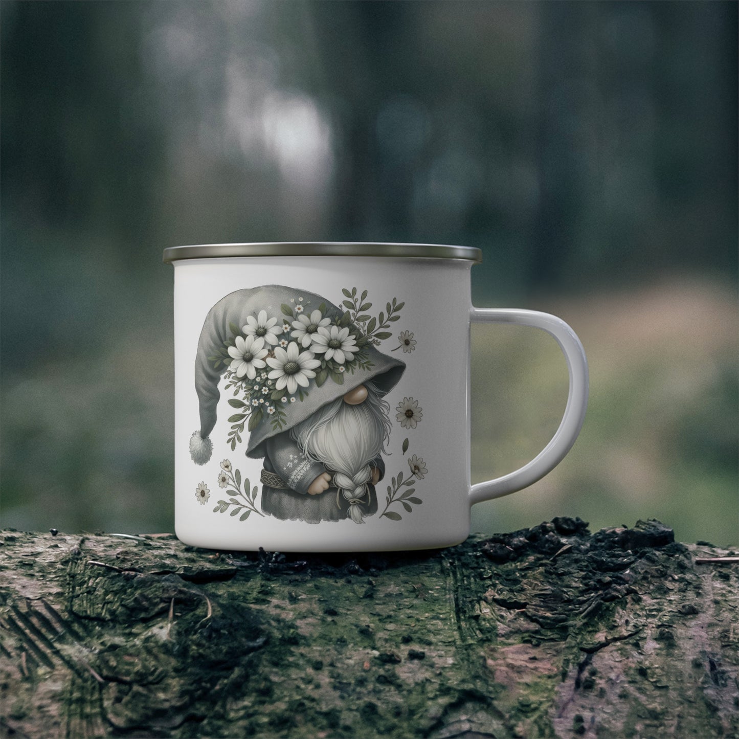 Whimsical Gnome Enamel Camping Mug | Cute Coffee Mug for Outdoors, Camping, Gifts, Garden Decor, Floral Mug, Unique Tea Cup