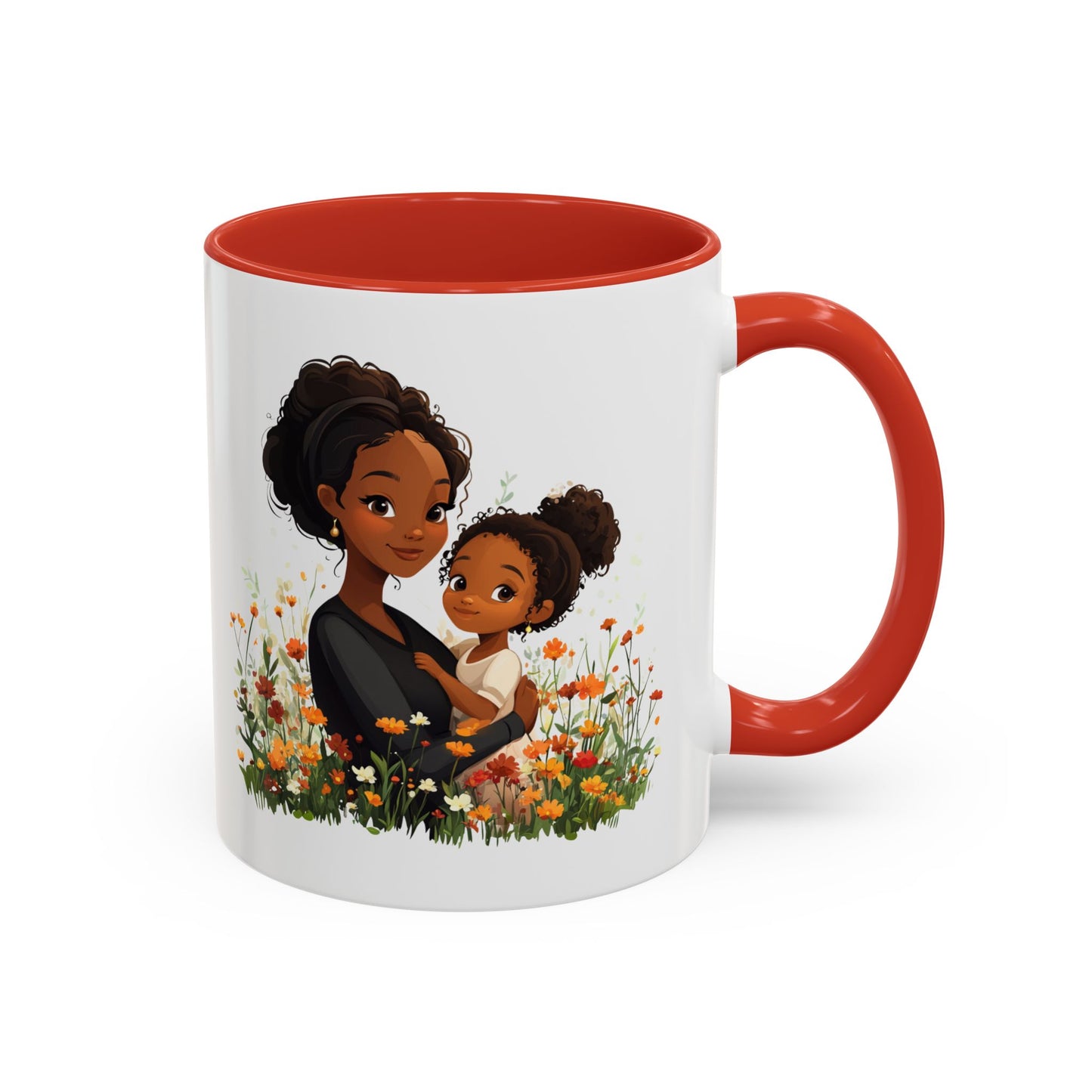 Floral Family Accent Coffee Mug, Black Handle Mug, Mama and Child Gift, Mother's Day, Cozy Home Decor, Cute Coffee Cup