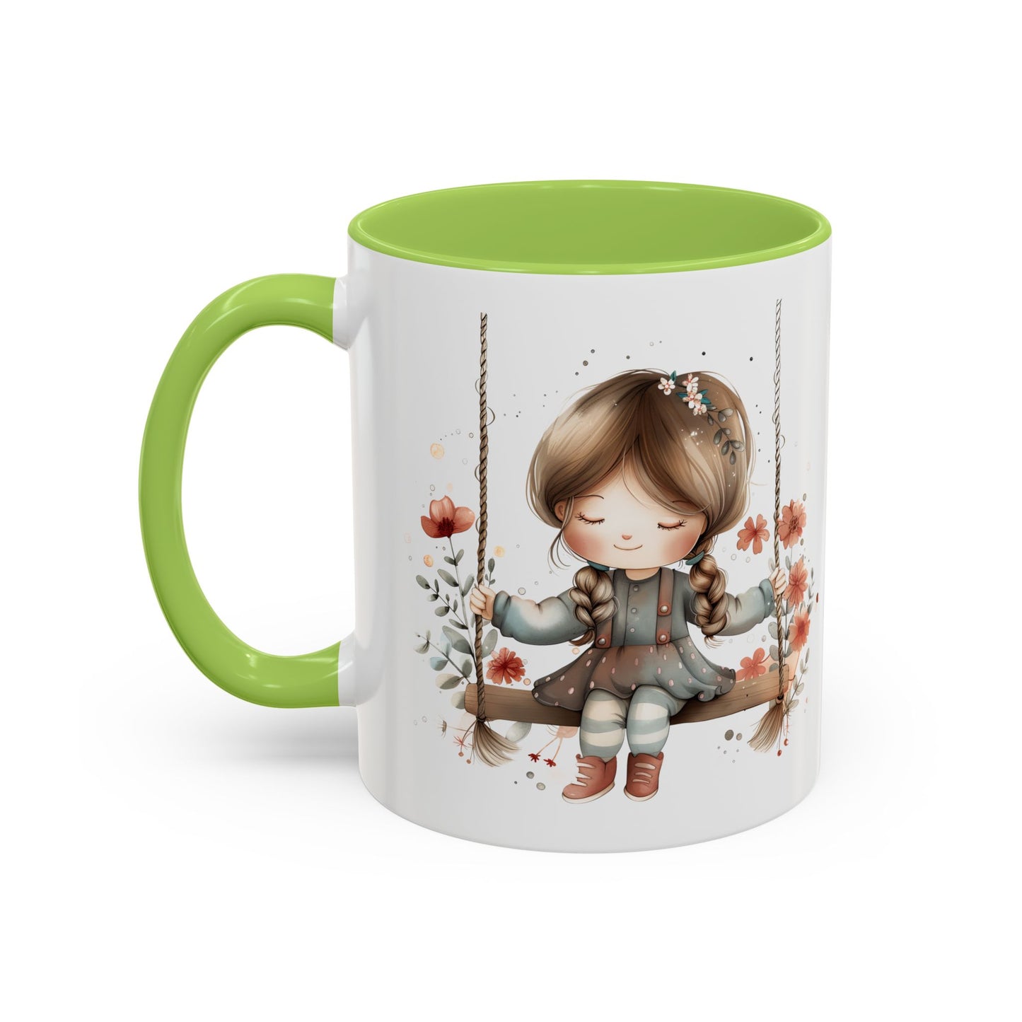 Whimsical Swinging Girl Coffee Mug - Cute Gift for Coffee Lovers, Home Decor, Spring Vibes, Floral Design, Girly Kitchen Accessory