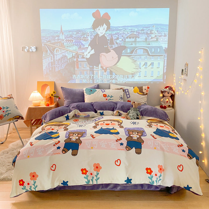 Three-piece Thermal Flannel Sheet And Quilt Cover