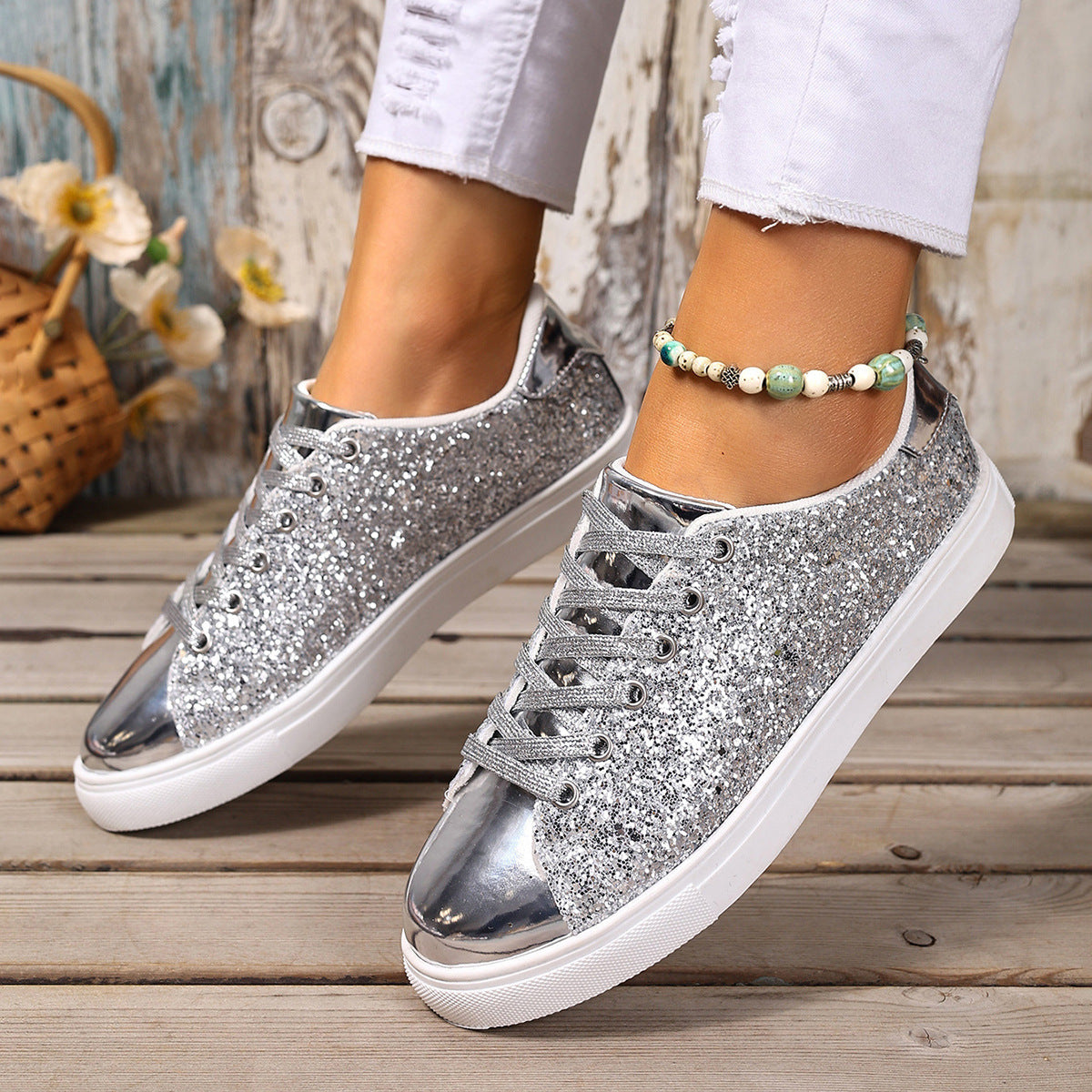 Plus Size Sequined Front Lace-up Solid Color Plus Size Board Shoes Store Hive UNIjuntos