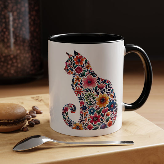 Colorful Floral Cat Coffee Mug, Cute Cat Mug, Pet Lover Gift, Cat Decor, Floral Coffee Cup, Tea Mug, Birthday Gift for Cat Owners
