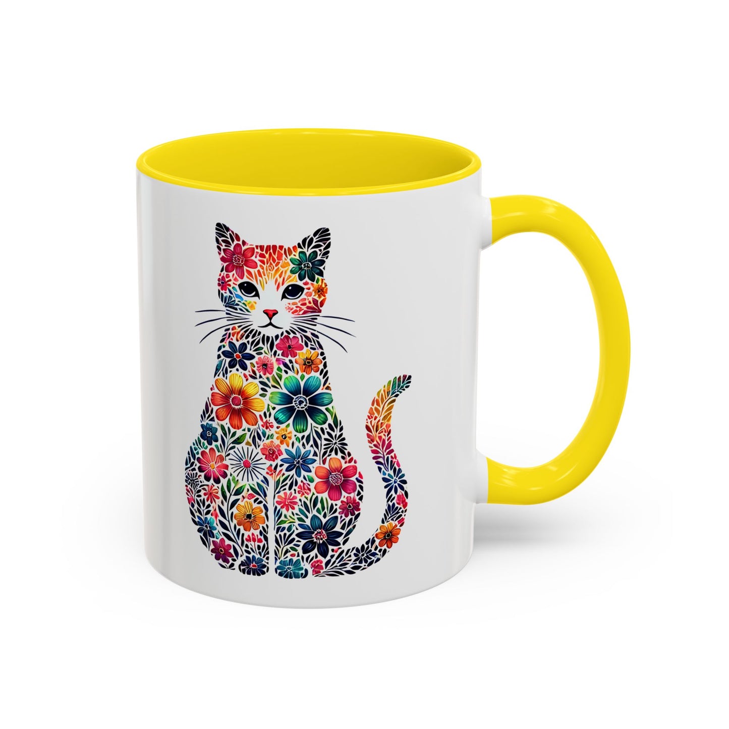 Floral Cat Coffee Mug, Colorful Cat Lover Mug, Gift for Cat Owners, Cat-Themed Kitchenware, Unique Animal Mug, Cozy Beverage Cup