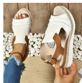 Fish Mouth Wedges Sandals With Straw Design Summer Peep Toe Buckle Beach Shoes For Women