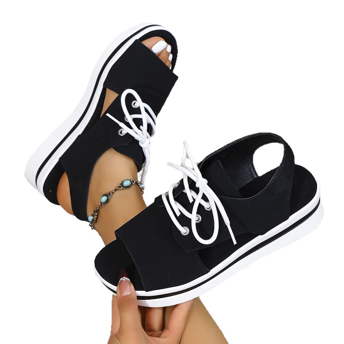 Plus Size Thick-soled Peep Toe Lace Up Casual Roman Sandals