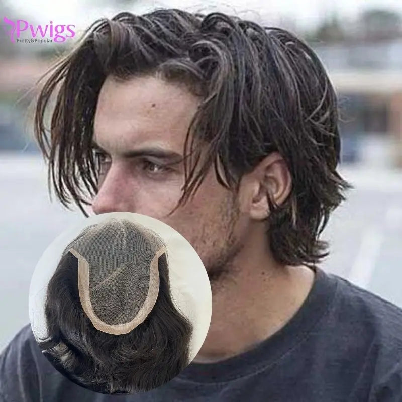 Nchancelier-Perruques en dentelle avec PU pour hommes, toupet 100% cheveux humains indiens, taille de base 8x6 pouces, cheveux noirs naturels Hive JFA & TA Store