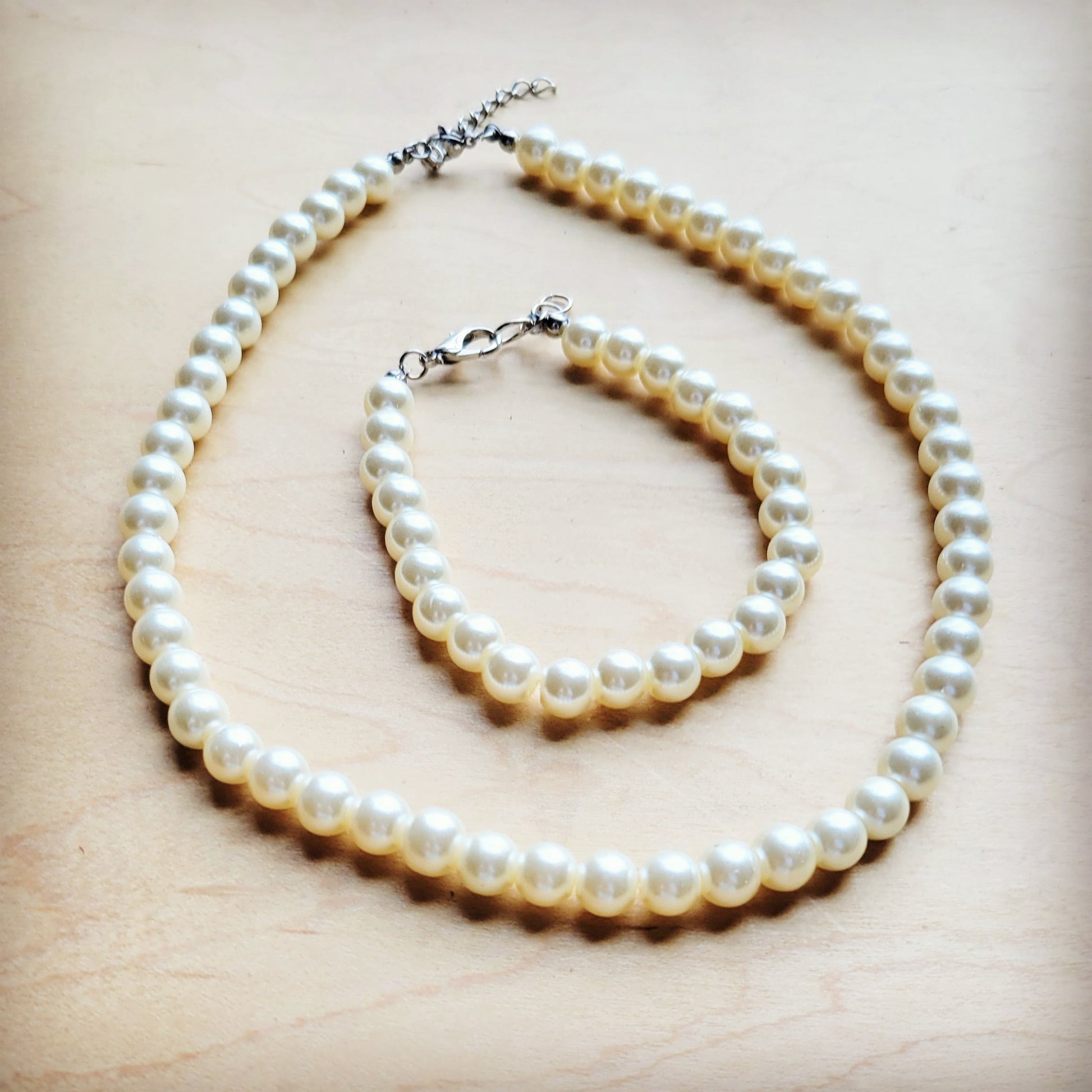 Glass Pearl Necklace & Bracelet Set Wedding Collection 259w-0