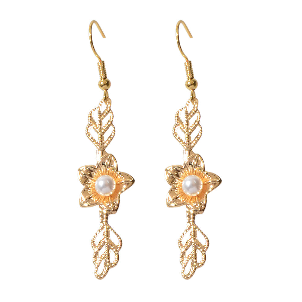Retro Pearl Decor Gold Leaf Flower Dangle Earrings Wedding Engagement Jewellery-4