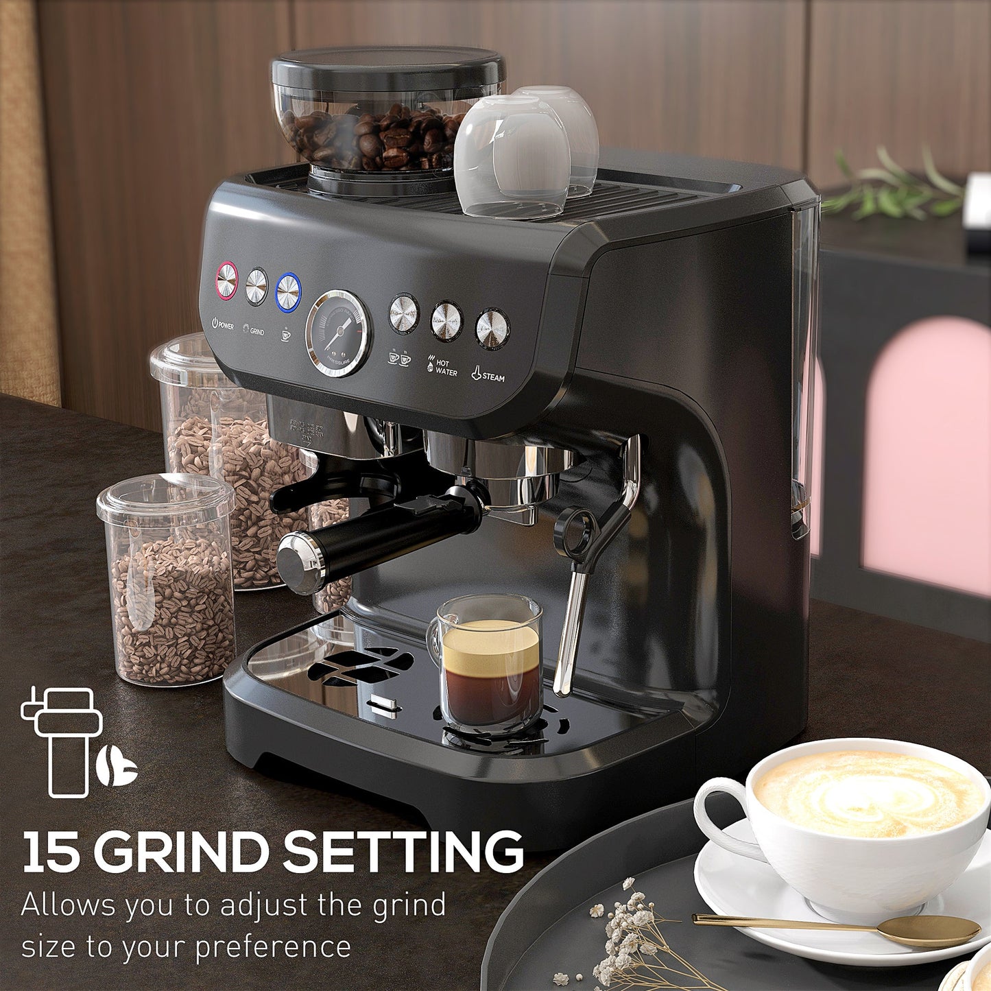 Automatic 15 Bar Coffee Machine with Adjustable Grind and Steamer - Black-3