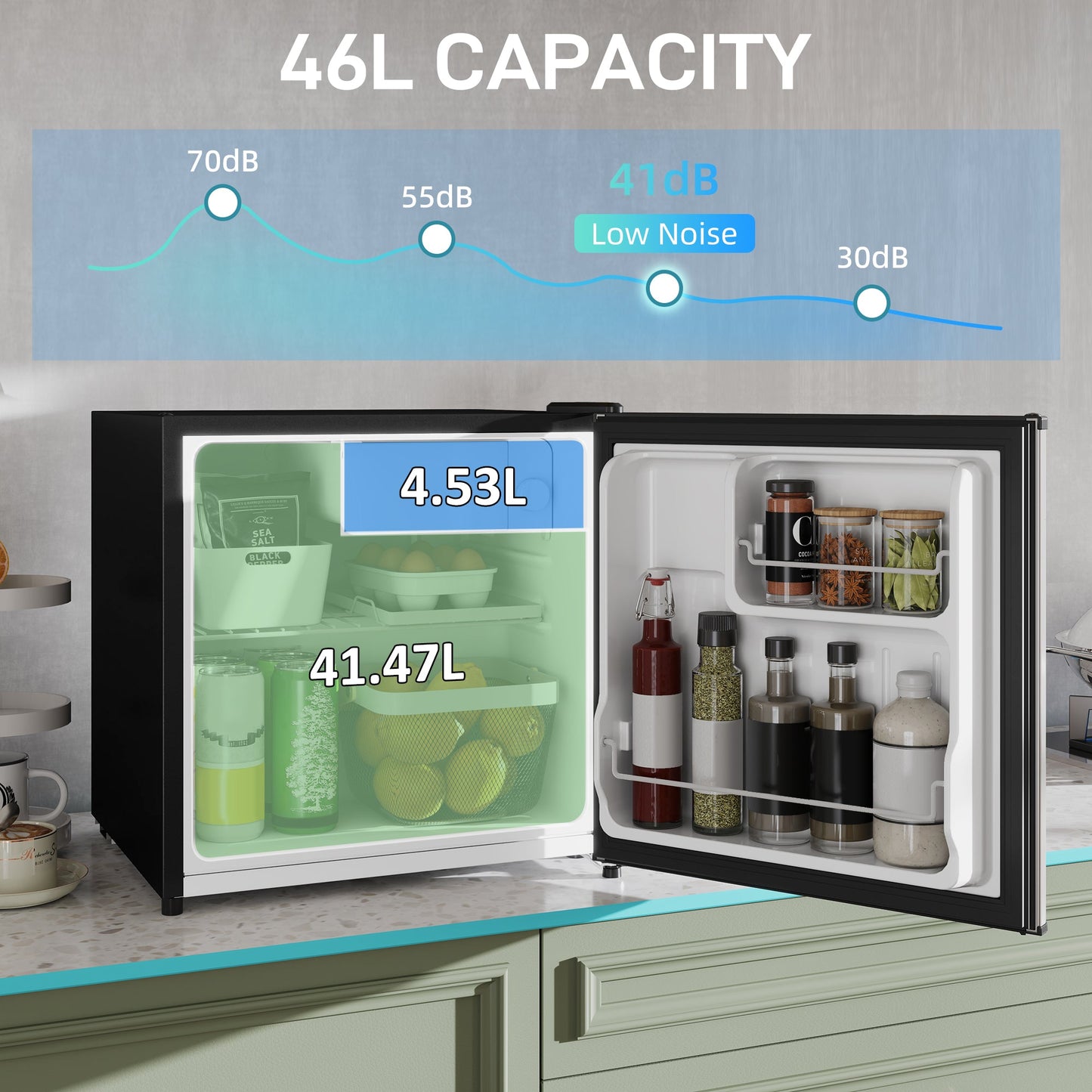 46 Litre Table Top Mini Fridge, Small Fridge with Ice Box, Reversible Door, Adjustable Temperature and Legs for Bedrooms, Home Office, Silver Tone-3