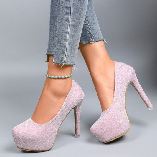 High Heel Stiletto Round Toe Sequin Fashion Nightclub