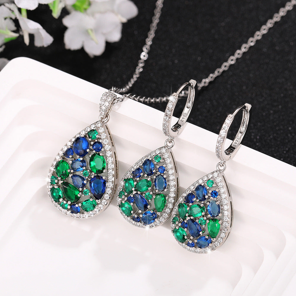 European And American Blue Emerald Jewelry Suit Long Necklace