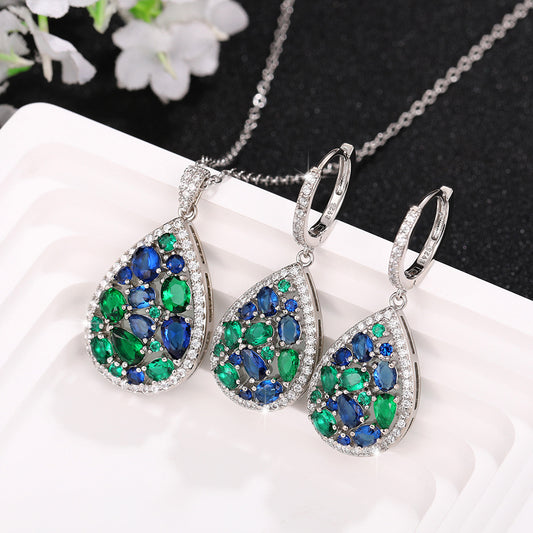 European And American Blue Emerald Jewelry Suit Long Necklace