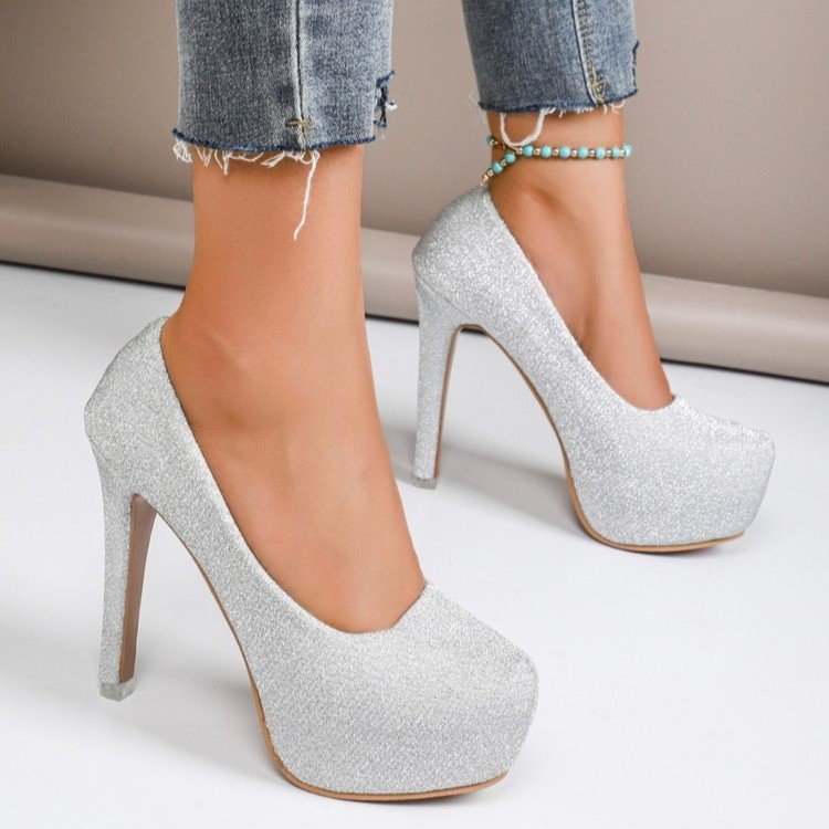 High Heel Stiletto Round Toe Sequin Fashion Nightclub