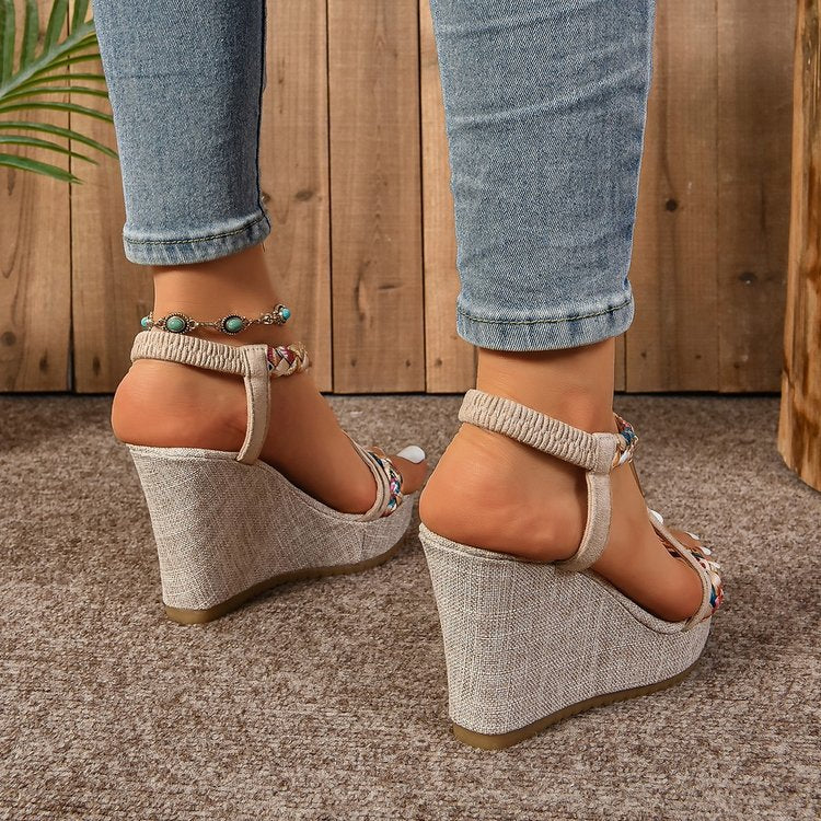 Wedge Sandals Hemp Rope Rhinestone Straw