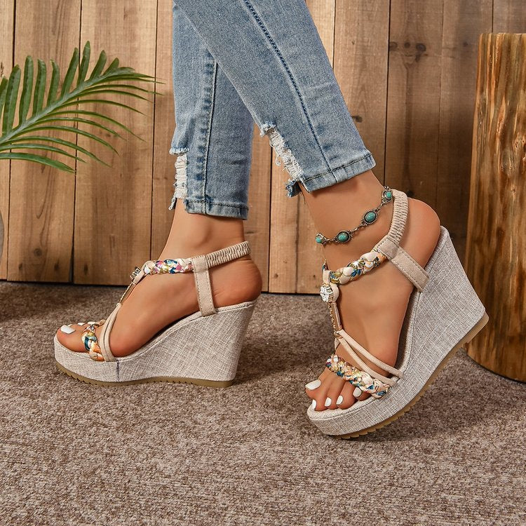 Wedge Sandals Hemp Rope Rhinestone Straw