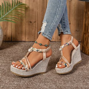 Wedge Sandals Hemp Rope Rhinestone Straw