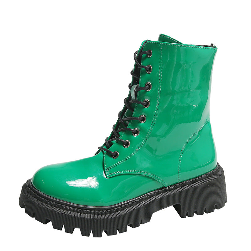 European And American Patent Leather Mid Heel Round Toe Short Motorcycle Boots Store Hive UNIjuntos