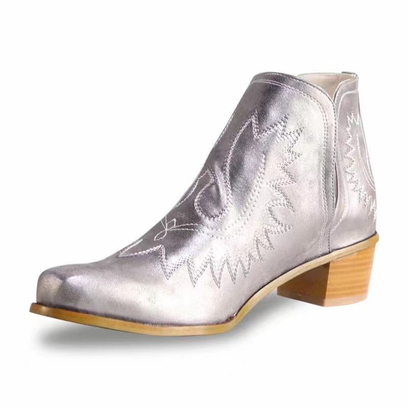 New Pointed Embroidered Chunky Heel Women's Pointed-toe Short Tube Boots Store Hive UNIjuntos